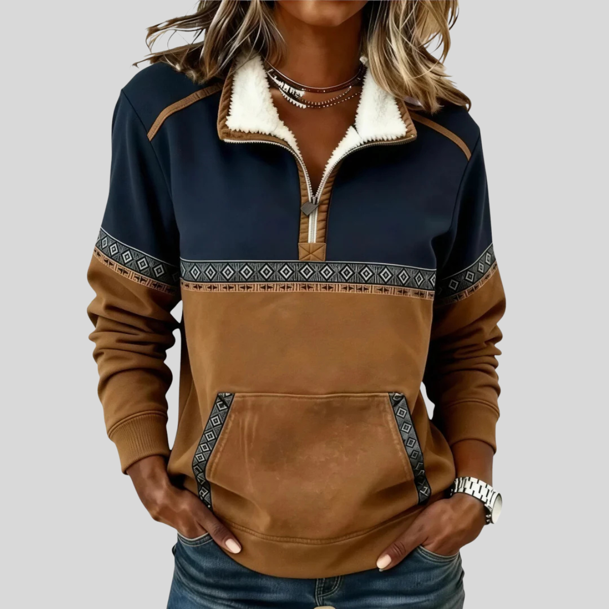 Lucie | Chandail demi-zip bicolore à col sherpa