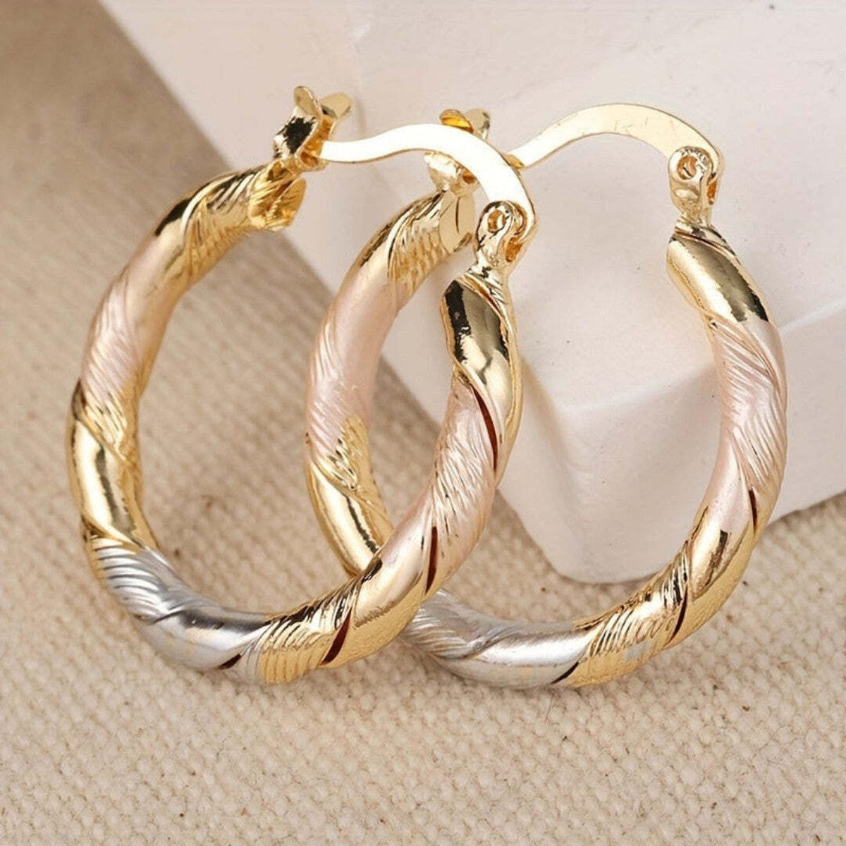 Boucles d'oreilles anneaux ronds vintage or, argent et rose