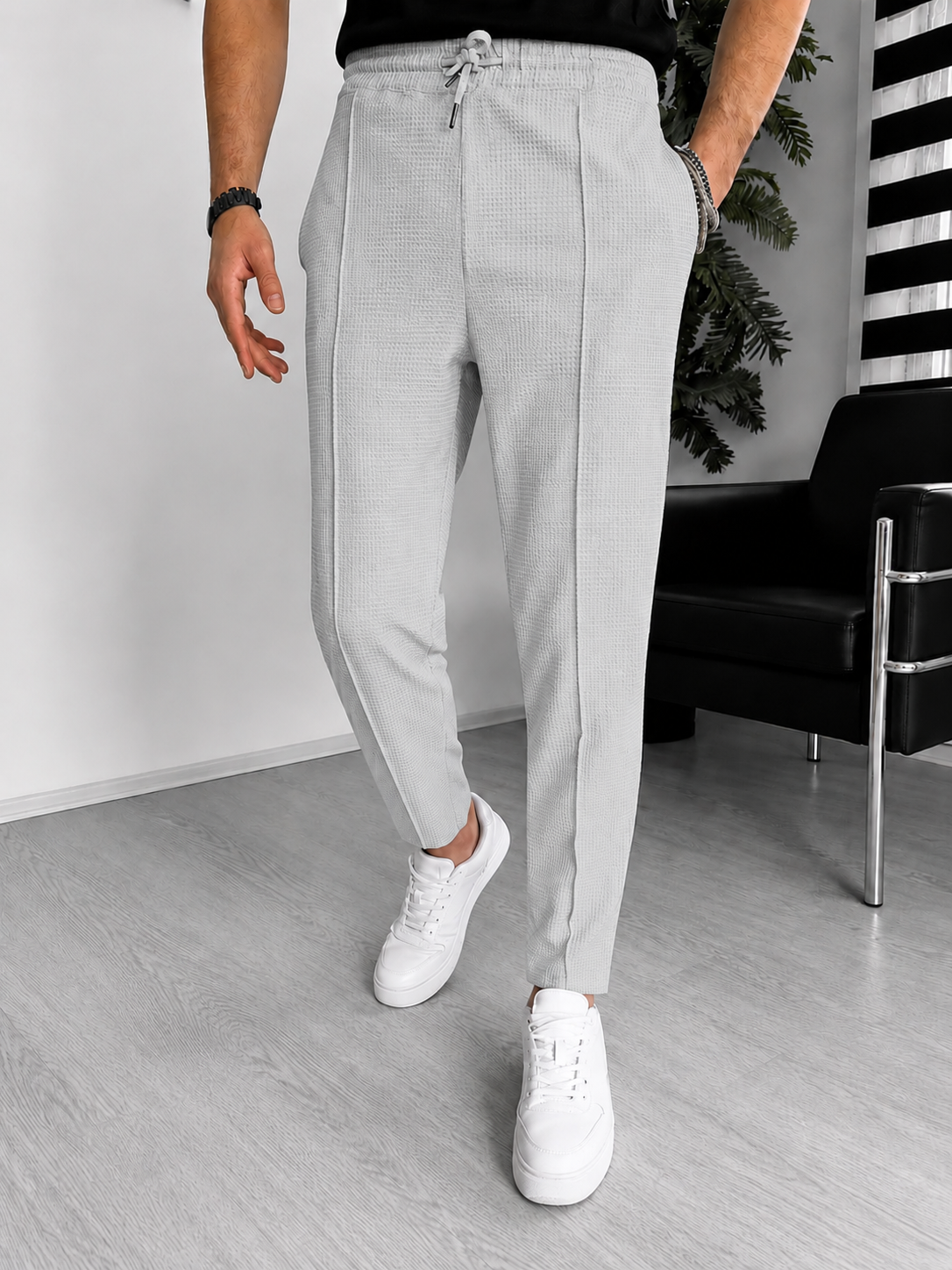 Pantalon gaufré pour homme – coupe ajustée extensible avec cordon | Décontracté et chic décontracté