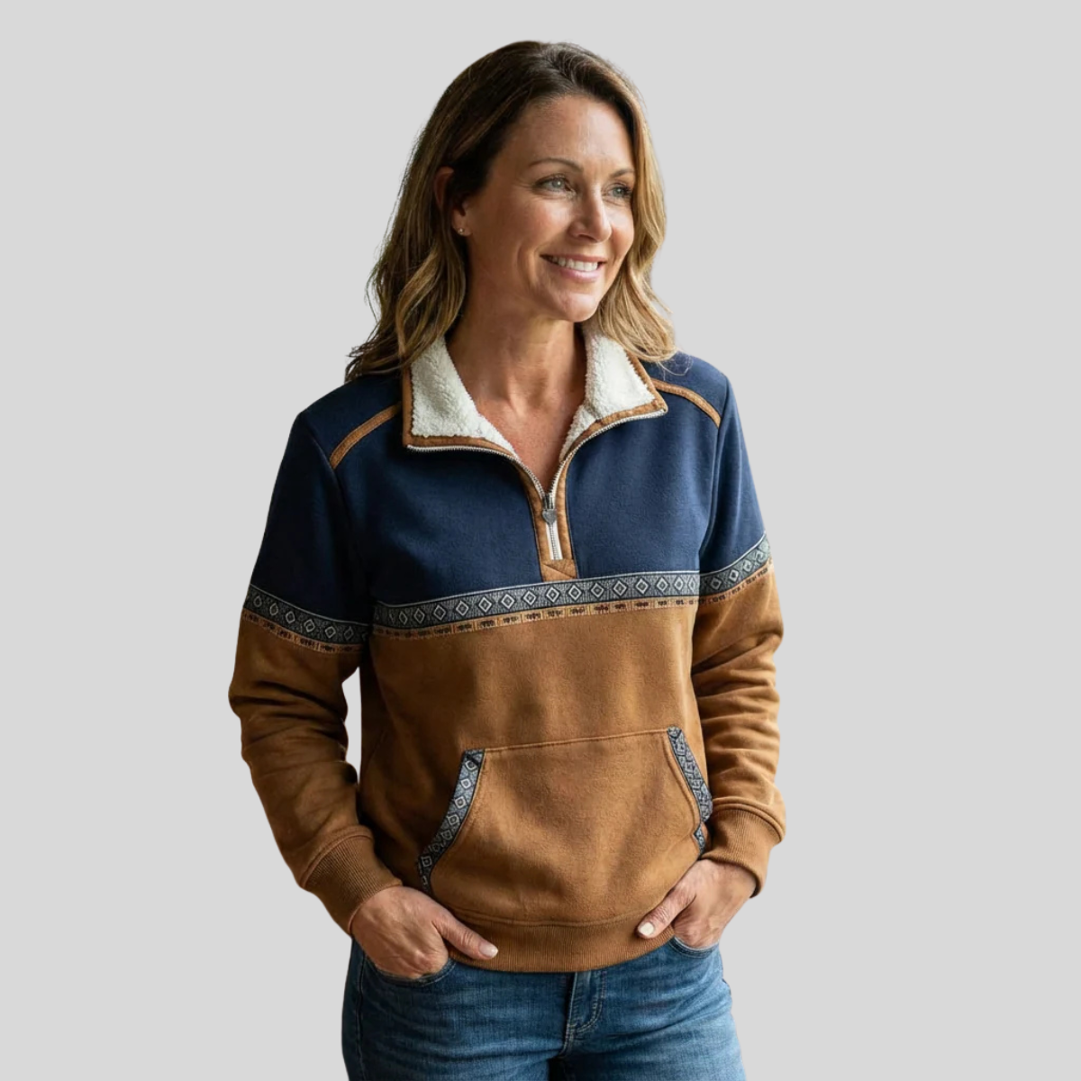 Lucie | Chandail demi-zip bicolore à col sherpa