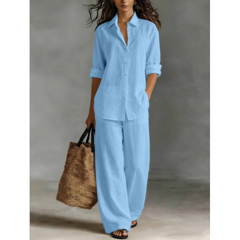 Ensemble chemise et pantalon décontracté en coton et lin pour femme