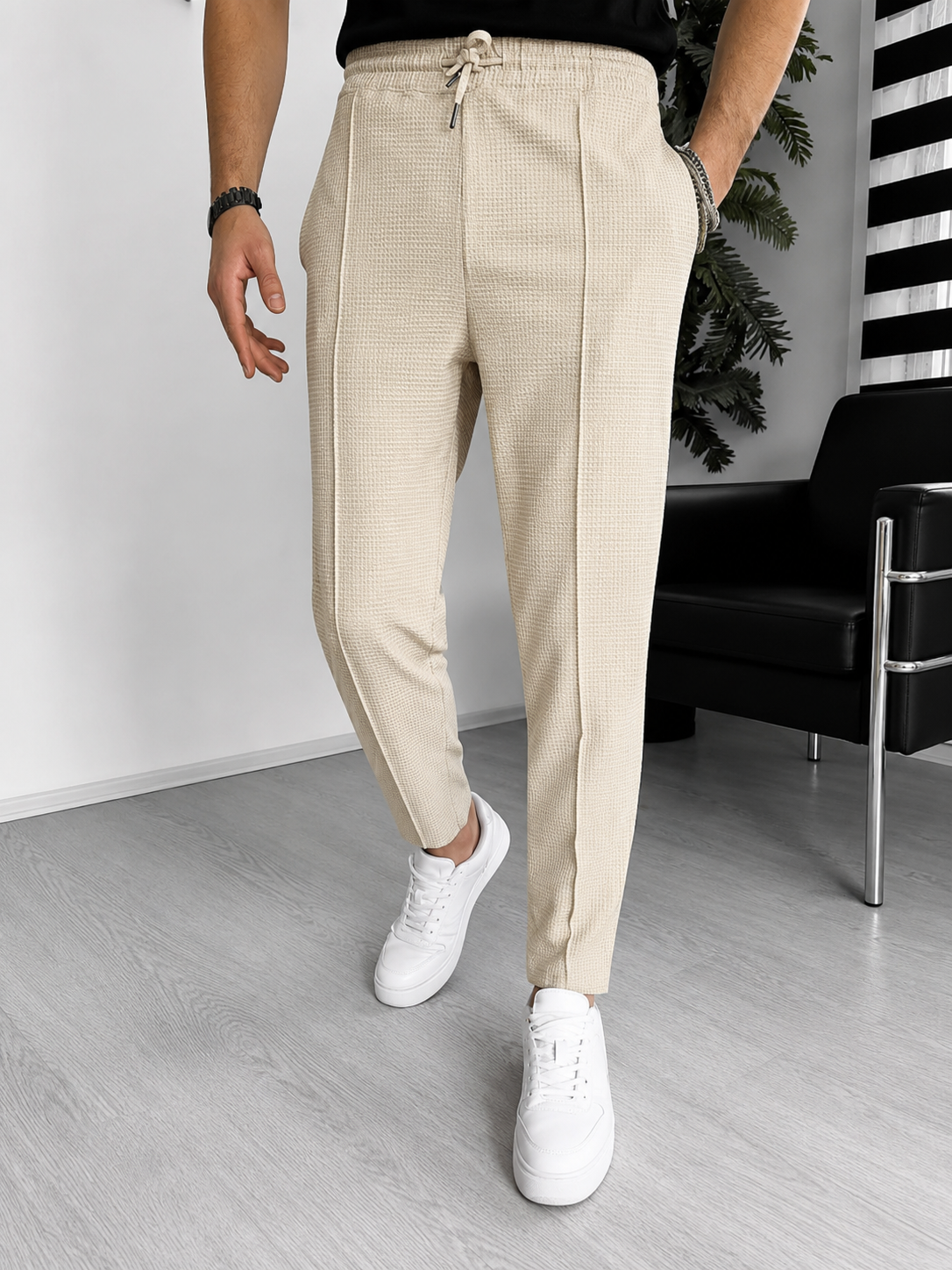 Pantalon gaufré pour homme – coupe ajustée extensible avec cordon | Décontracté et chic décontracté