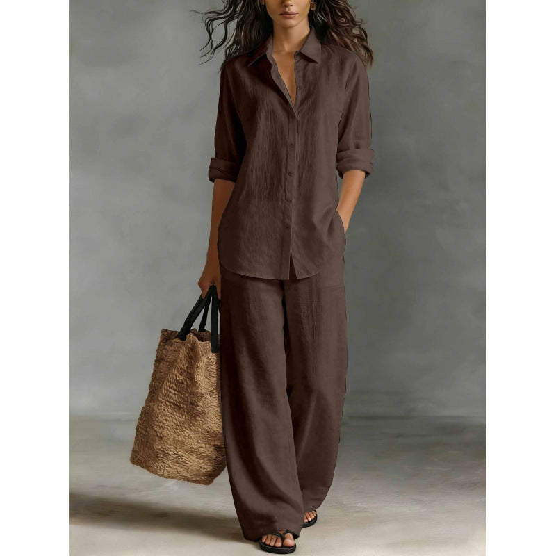 Ensemble chemise et pantalon décontracté en coton et lin pour femme