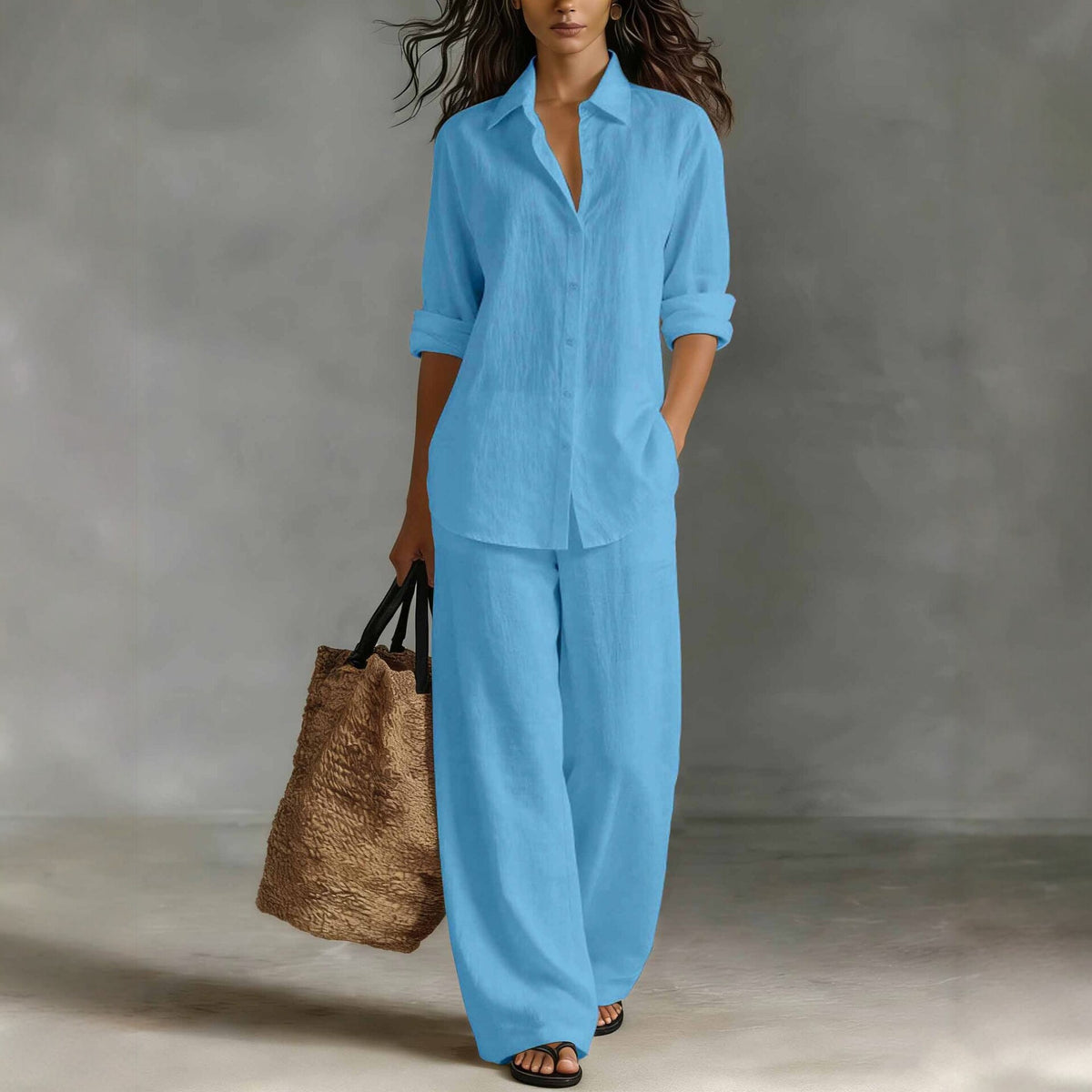 Ensemble chemise et pantalon décontracté en coton et lin pour femme