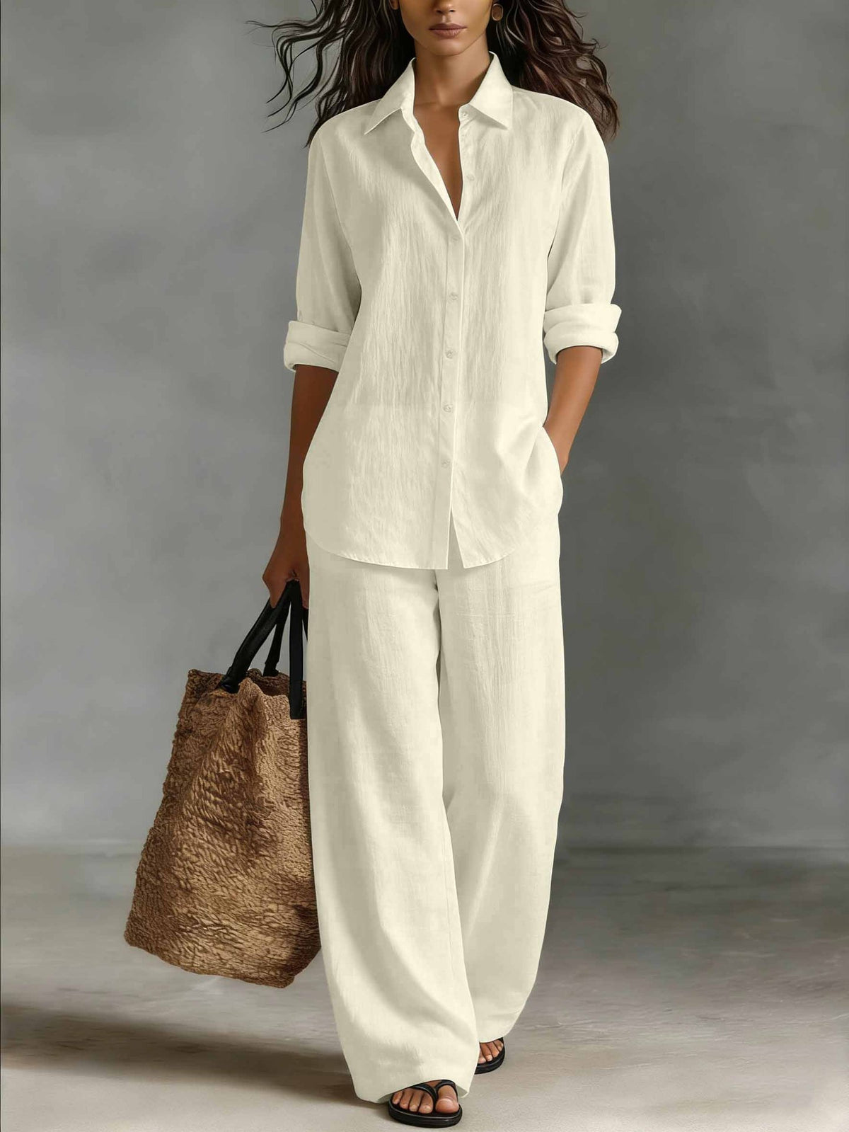 Ensemble chemise et pantalon décontracté en coton et lin pour femme