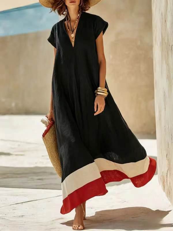 Robe patchwork printemps-été à manches courtes pour femme