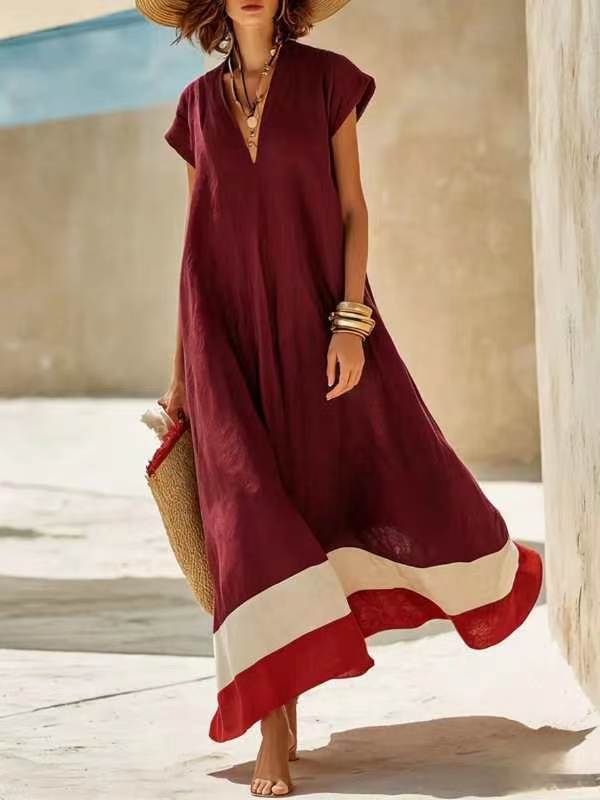 Robe patchwork printemps-été à manches courtes pour femme