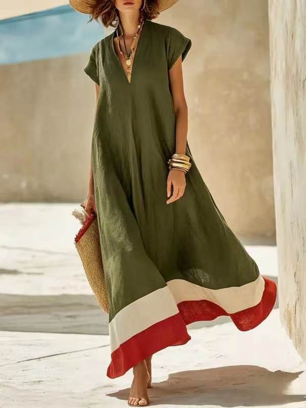 Robe patchwork printemps-été à manches courtes pour femme