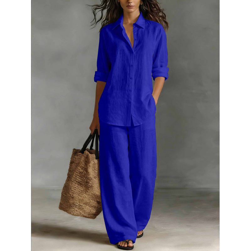 Ensemble chemise et pantalon décontracté en coton et lin pour femme