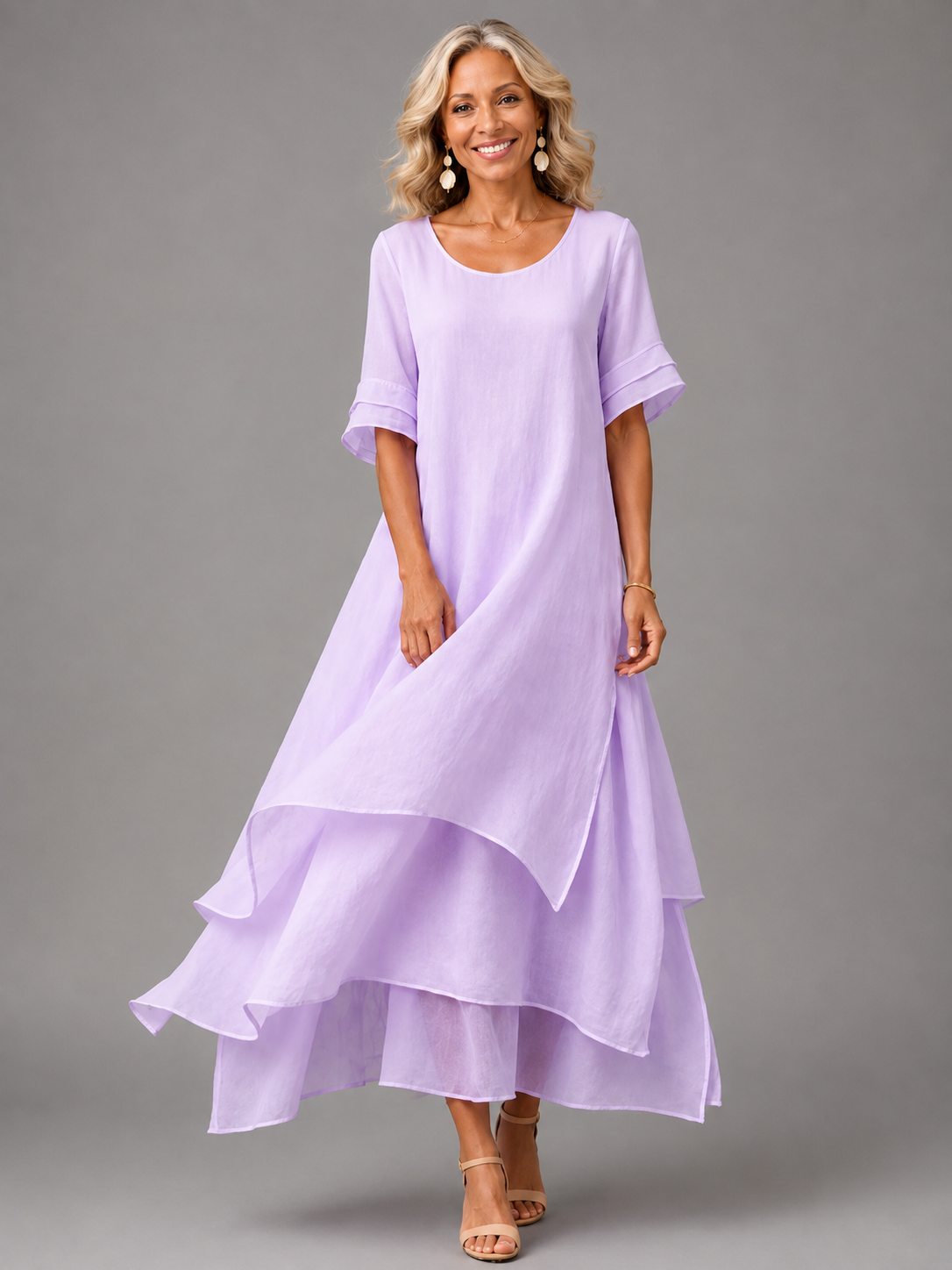 Robe longue élégante à volants et coupe fluide