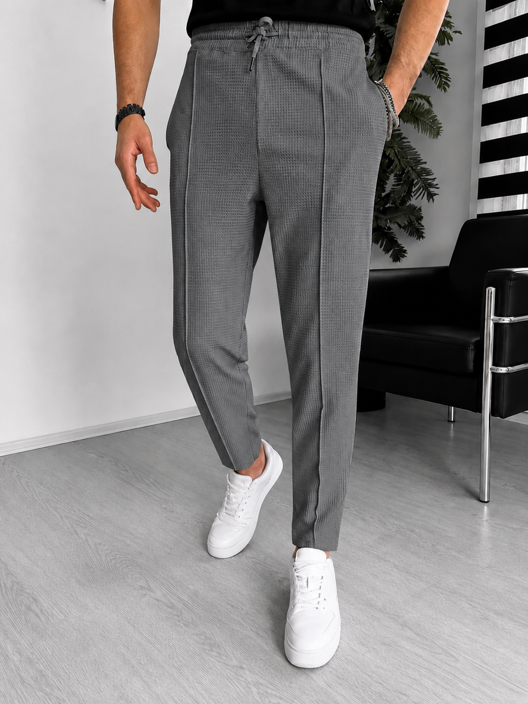 Pantalon gaufré pour homme – coupe ajustée extensible avec cordon | Décontracté et chic décontracté