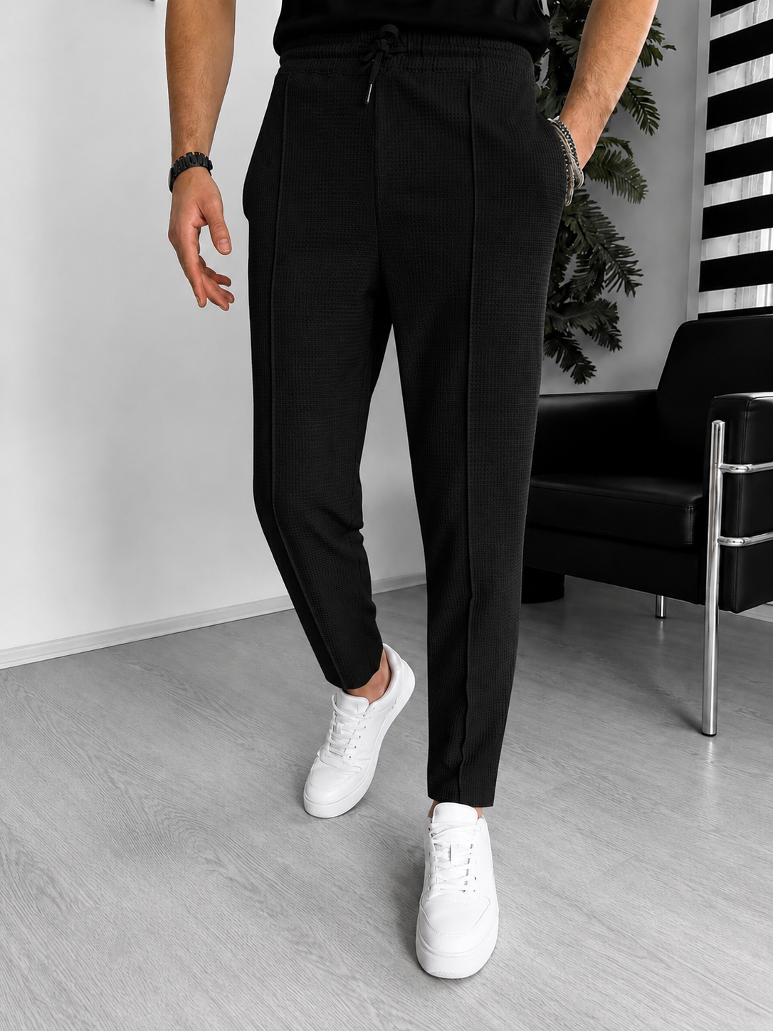 Pantalon gaufré pour homme – coupe ajustée extensible avec cordon | Décontracté et chic décontracté