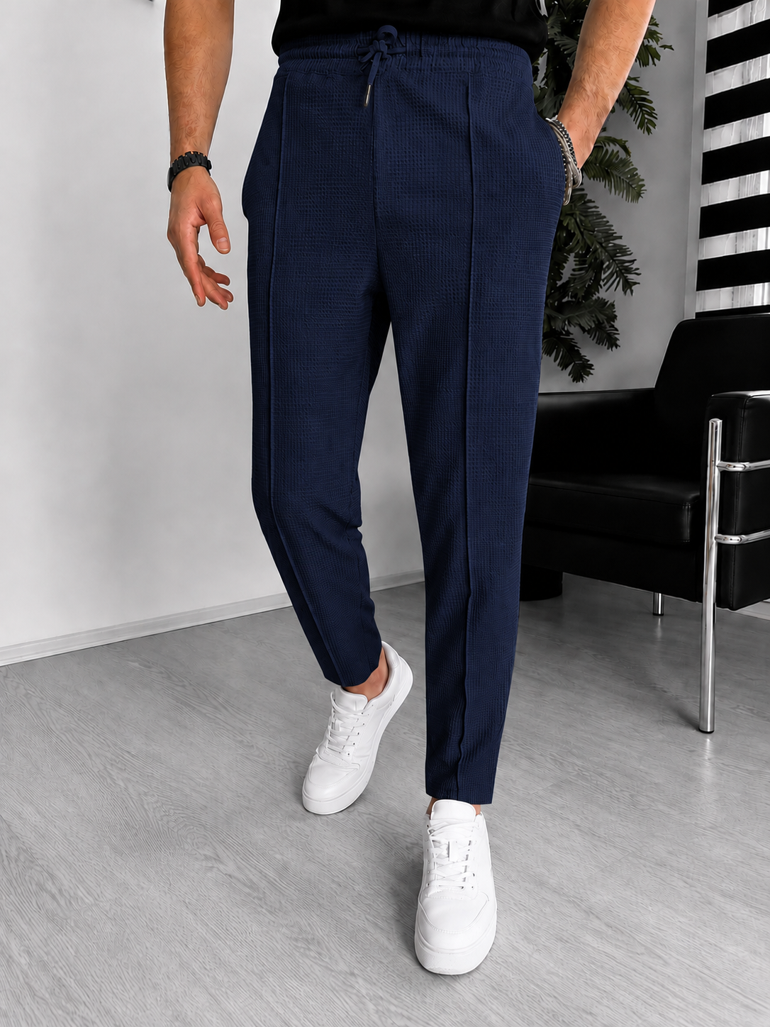 Pantalon gaufré pour homme – coupe ajustée extensible avec cordon | Décontracté et chic décontracté