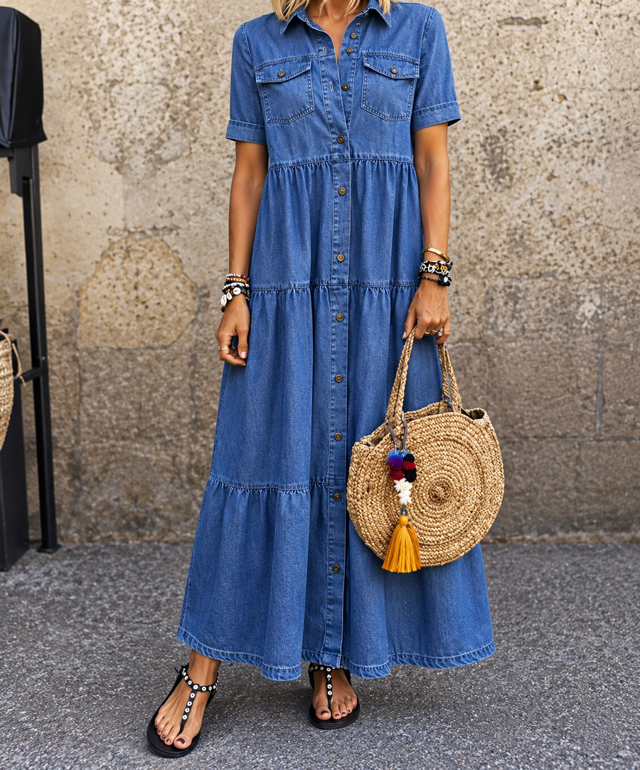 Robe longue en denim décontractée à boutons