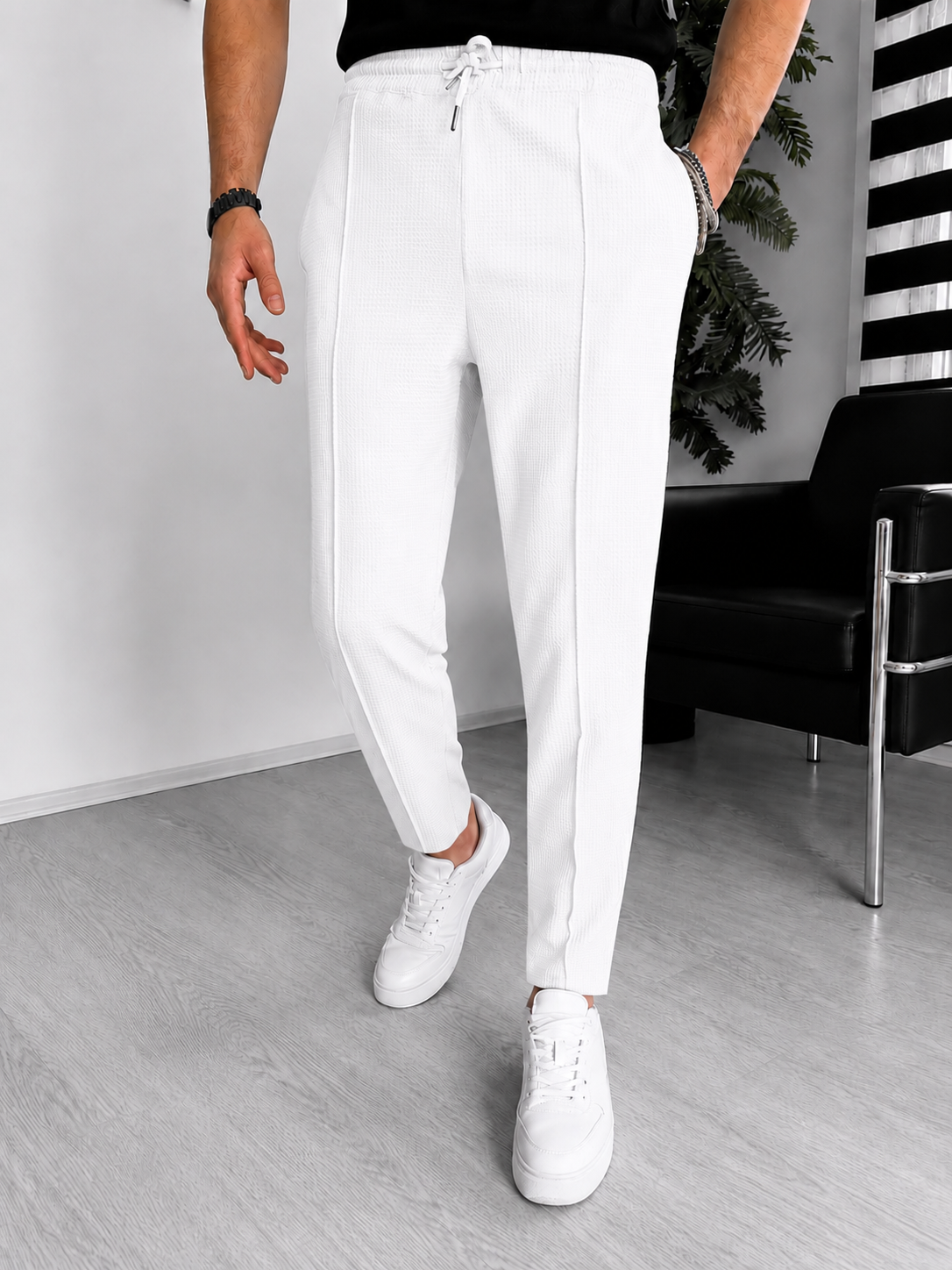 Pantalon gaufré pour homme – coupe ajustée extensible avec cordon | Décontracté et chic décontracté
