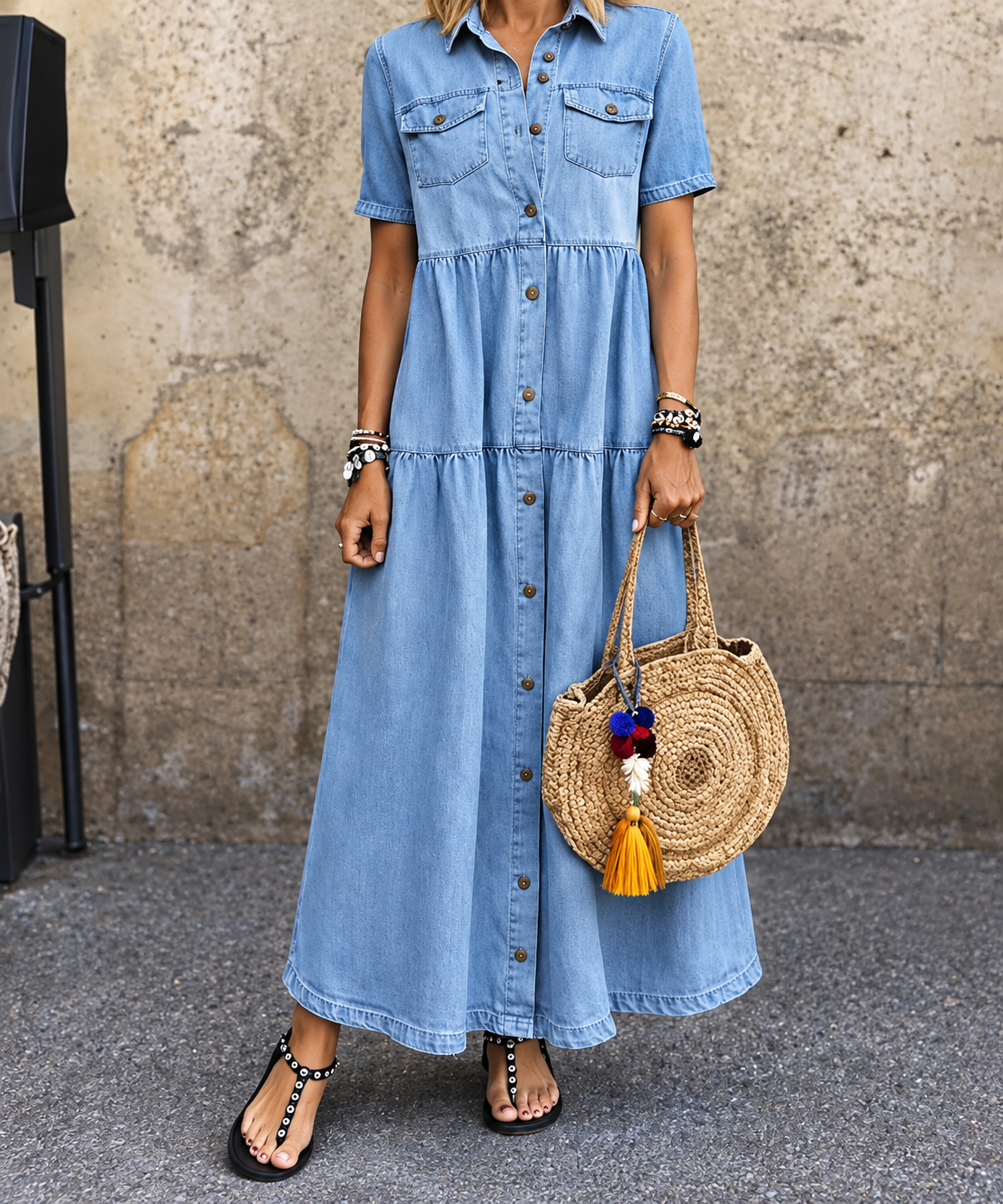 Robe longue en denim décontractée à boutons