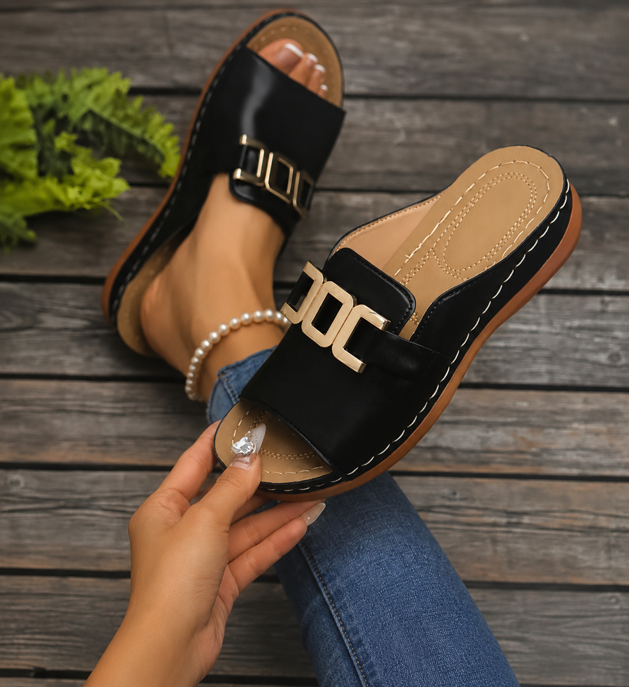 Sandales confort de luxe pour femme – sandales d'été à boucle dorée