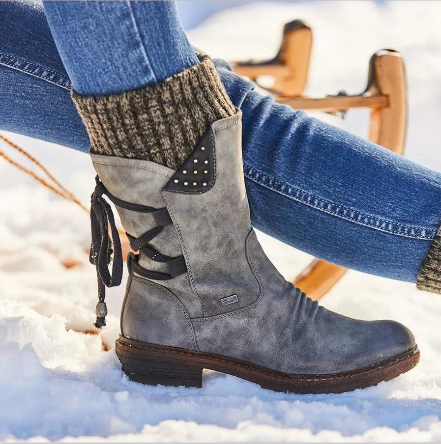 Quinn | Bottes mi-mollet à lacets et revers en tricot