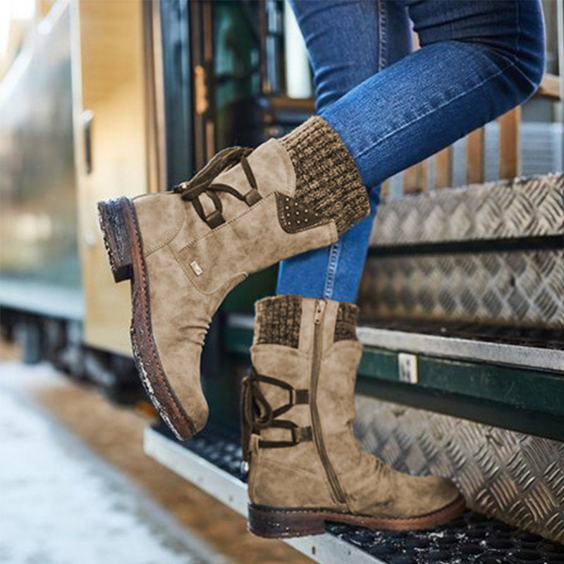 Quinn | Bottes mi-mollet à lacets et revers en tricot