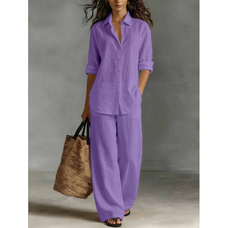 Ensemble chemise et pantalon décontracté en coton et lin pour femme