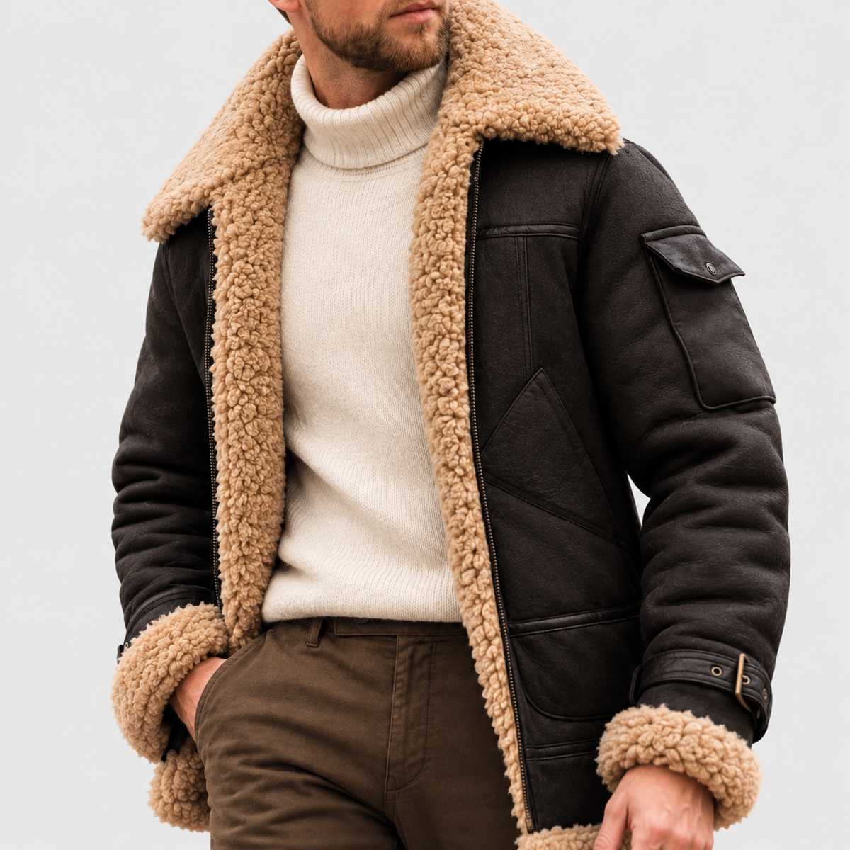 Zeno | Blouson aviateur effet suède avec col en sherpa