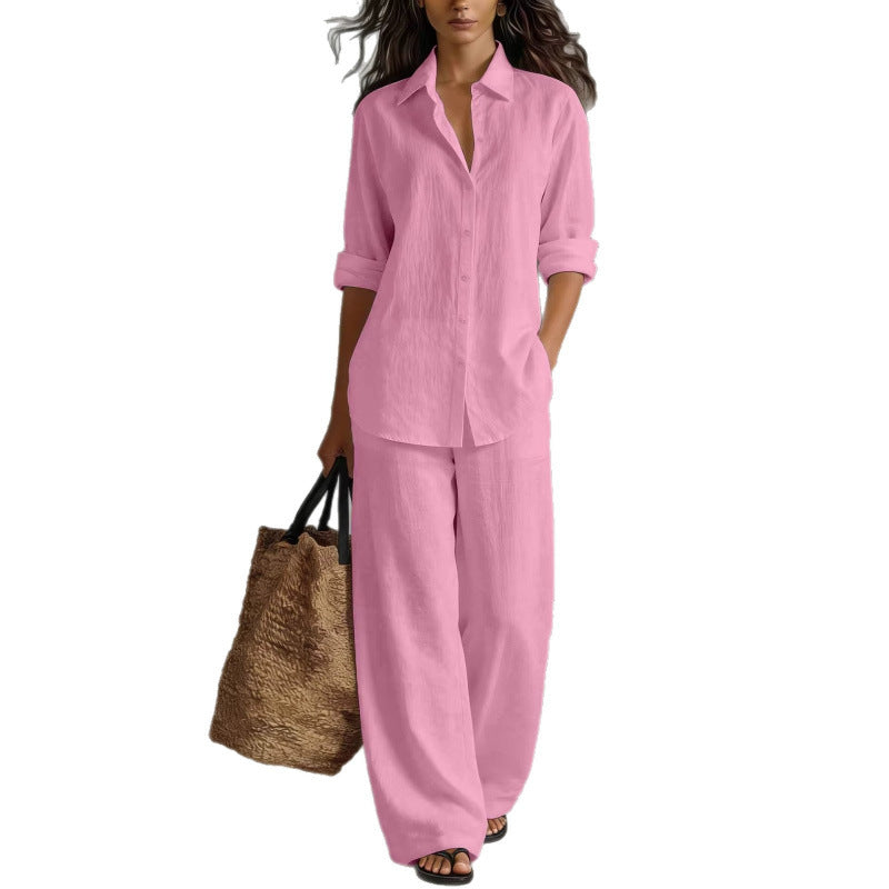 Ensemble chemise et pantalon décontracté en coton et lin pour femme