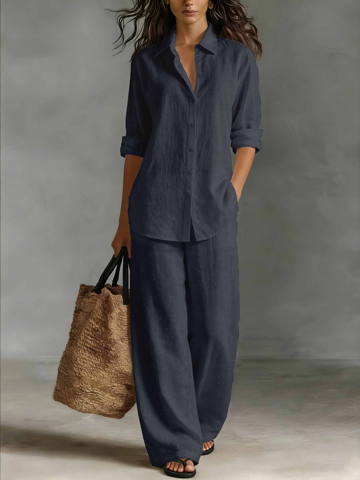Ensemble chemise et pantalon décontracté en coton et lin pour femme