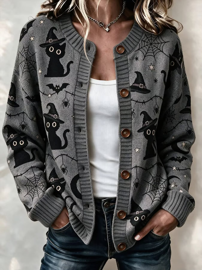 Cardigan amusant pour femme à imprimé chats d'Halloween