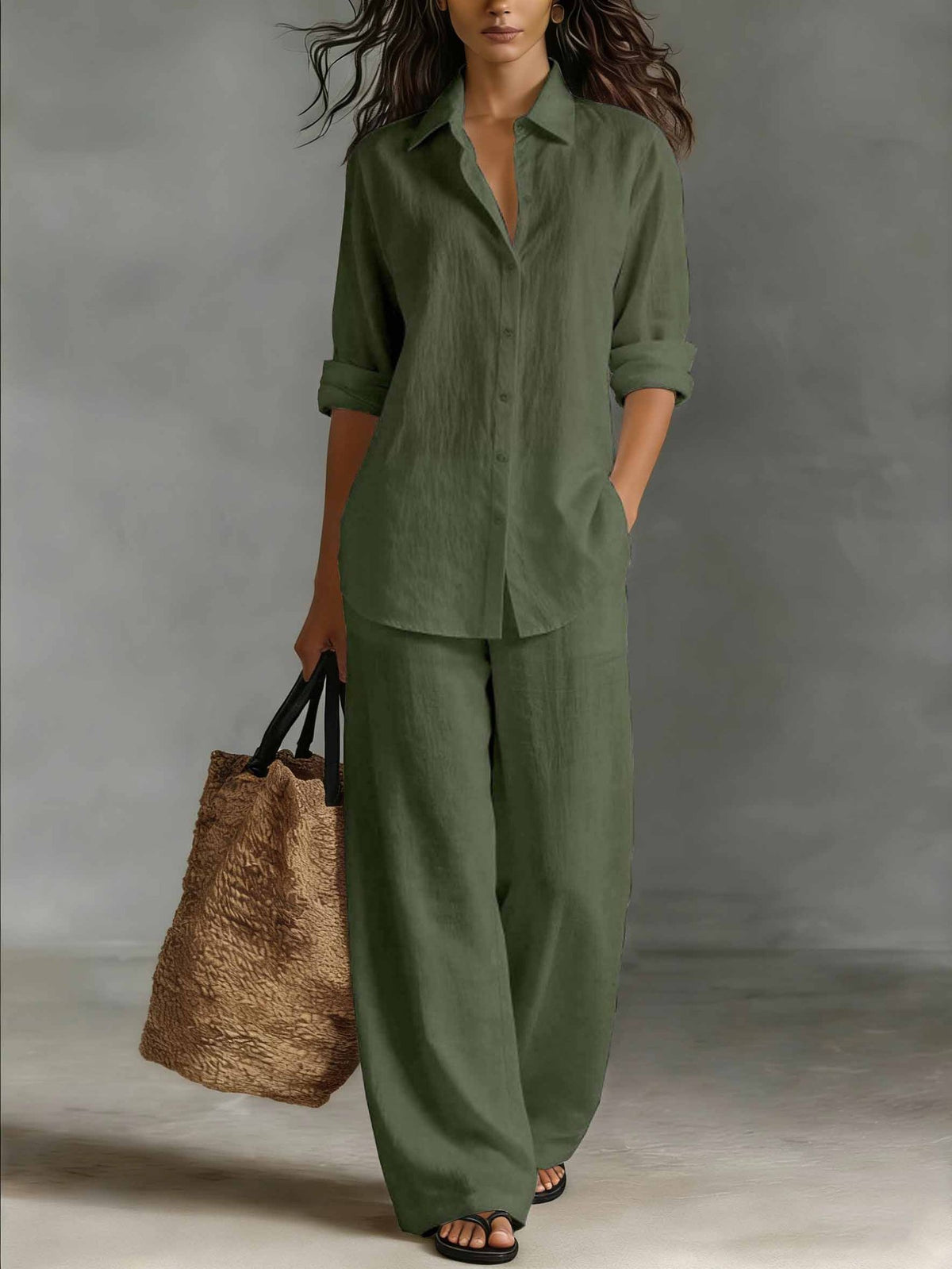 Ensemble chemise et pantalon décontracté en coton et lin pour femme