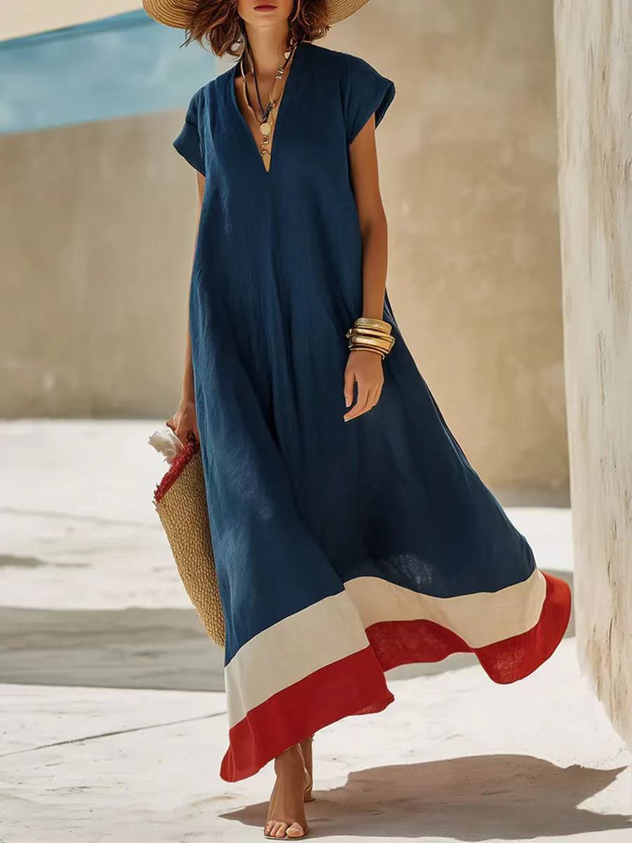 Robe patchwork printemps-été à manches courtes pour femme