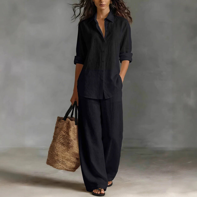 Ensemble chemise et pantalon décontracté en coton et lin pour femme