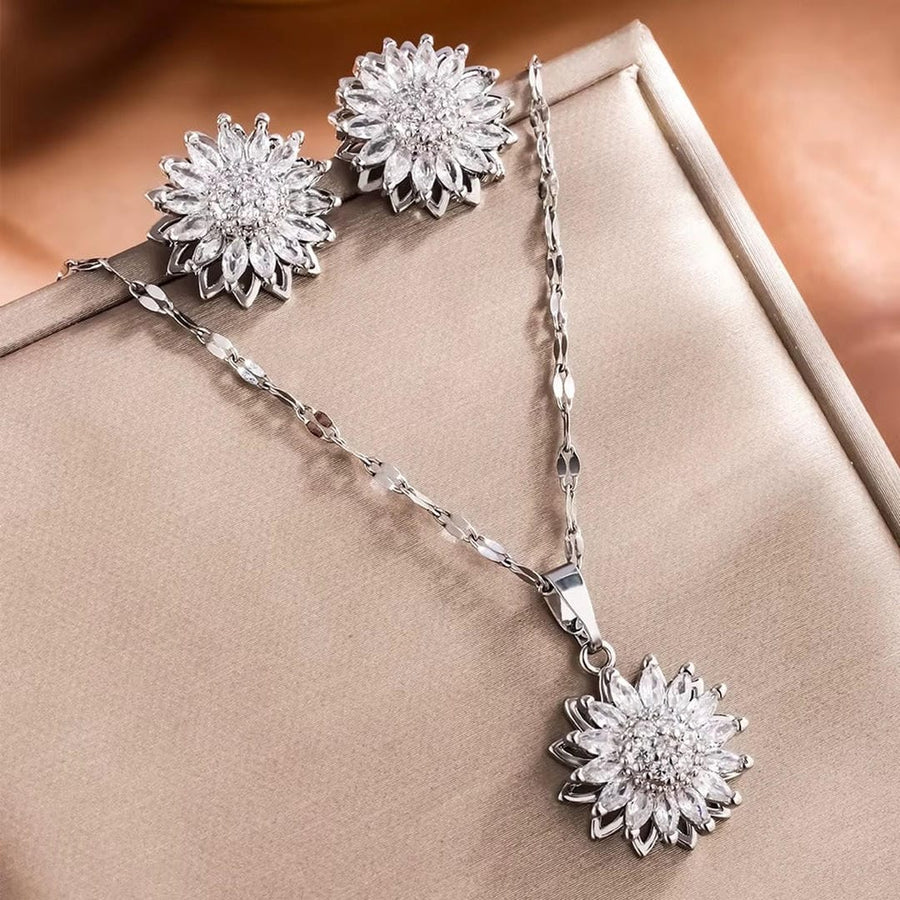 Ensemble collier et boucles d'oreilles Tournesol zircon argent tendance