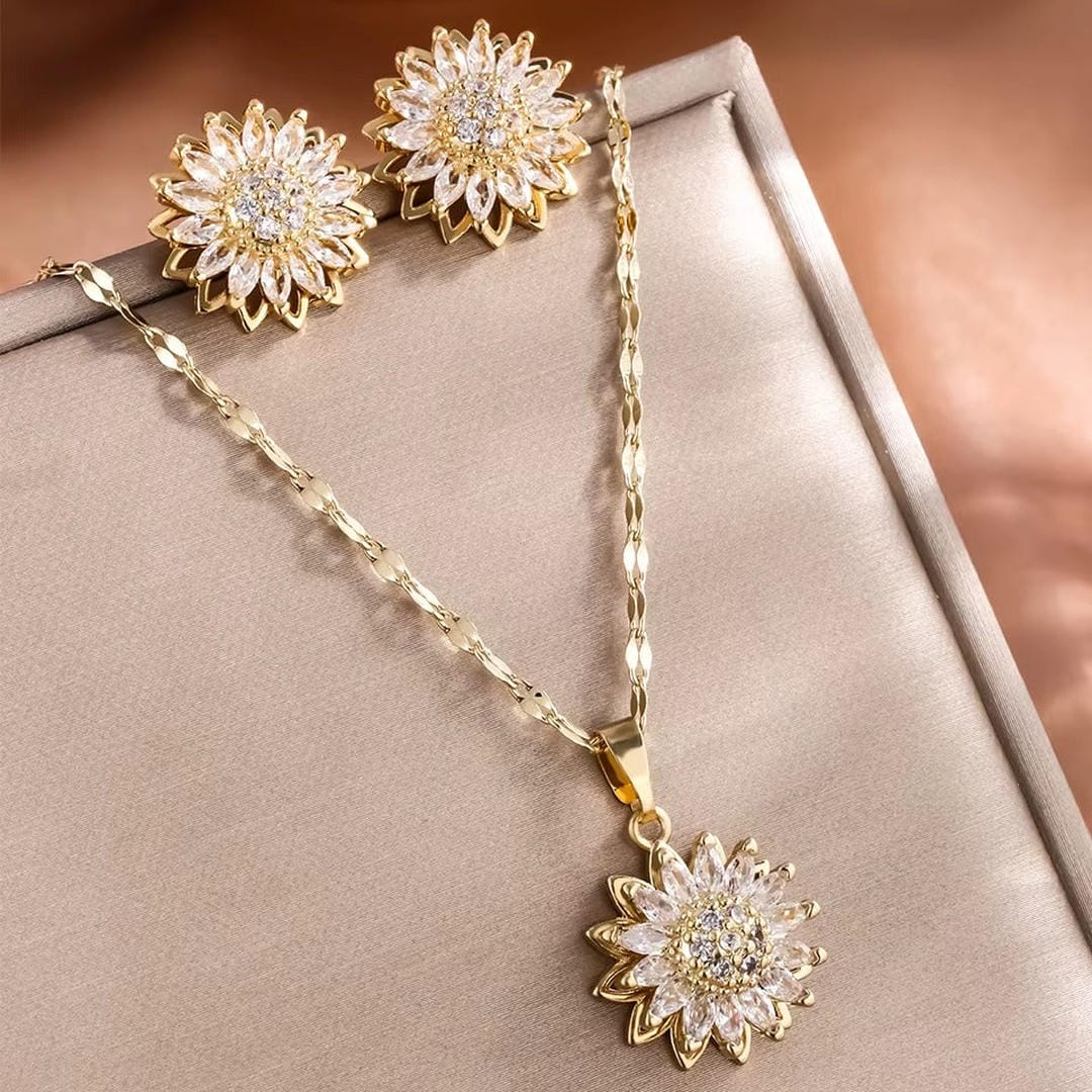 Ensemble collier et boucles d'oreilles Tournesol zircon argent tendance