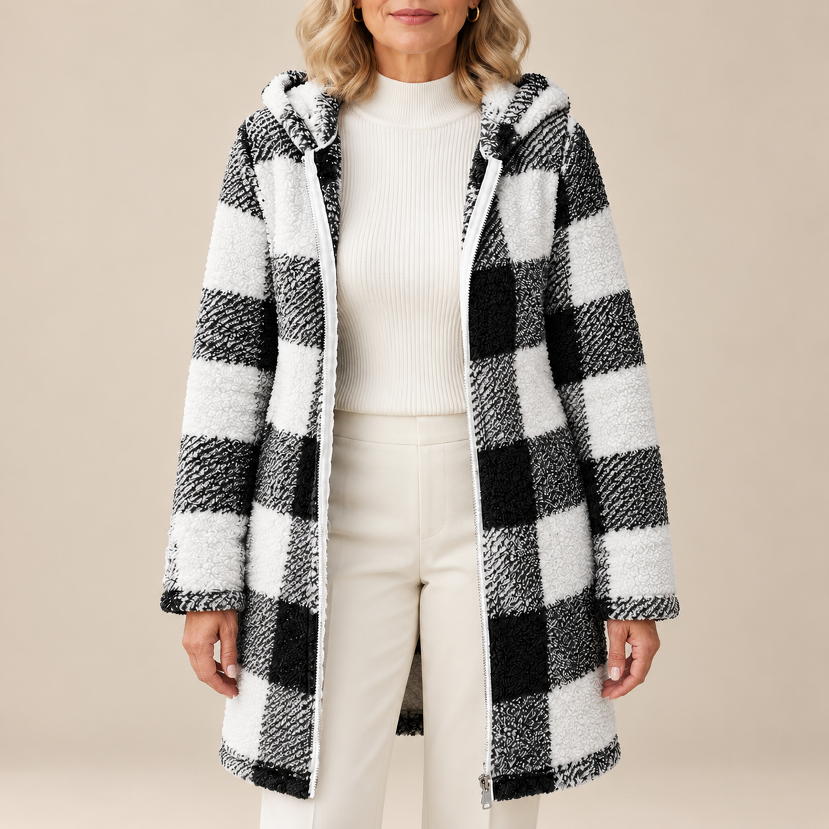 Rosabel | Manteau long à capuchon en teddy à carreaux