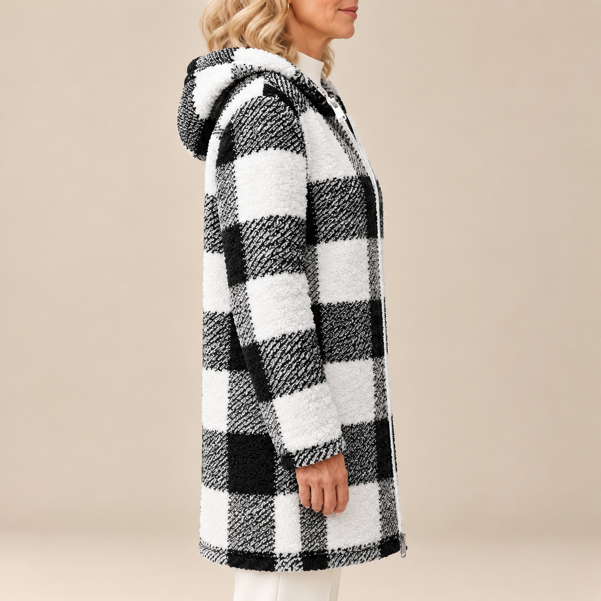 Rosabel | Manteau long à capuchon en teddy à carreaux