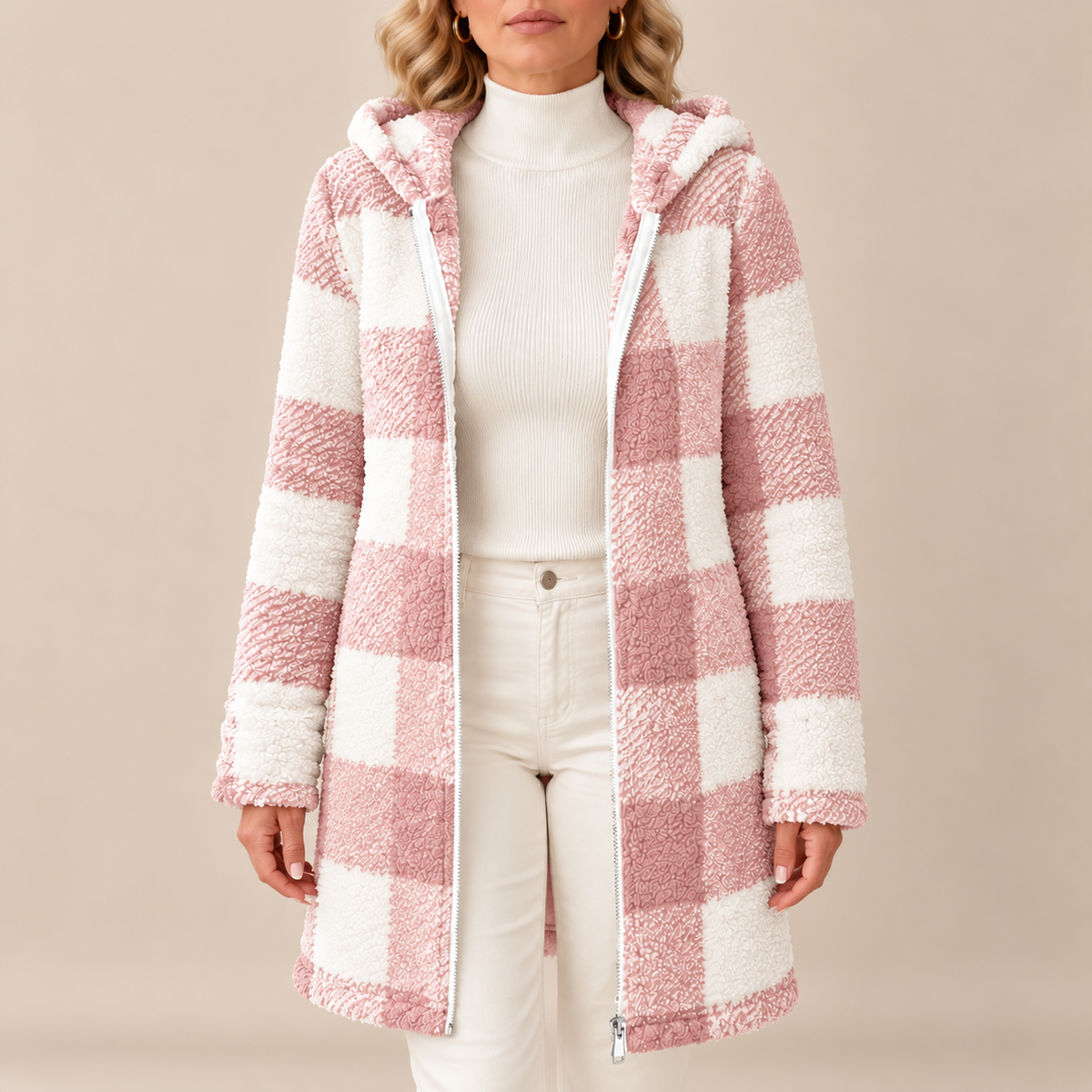 Rosabel | Manteau long à capuchon en teddy à carreaux