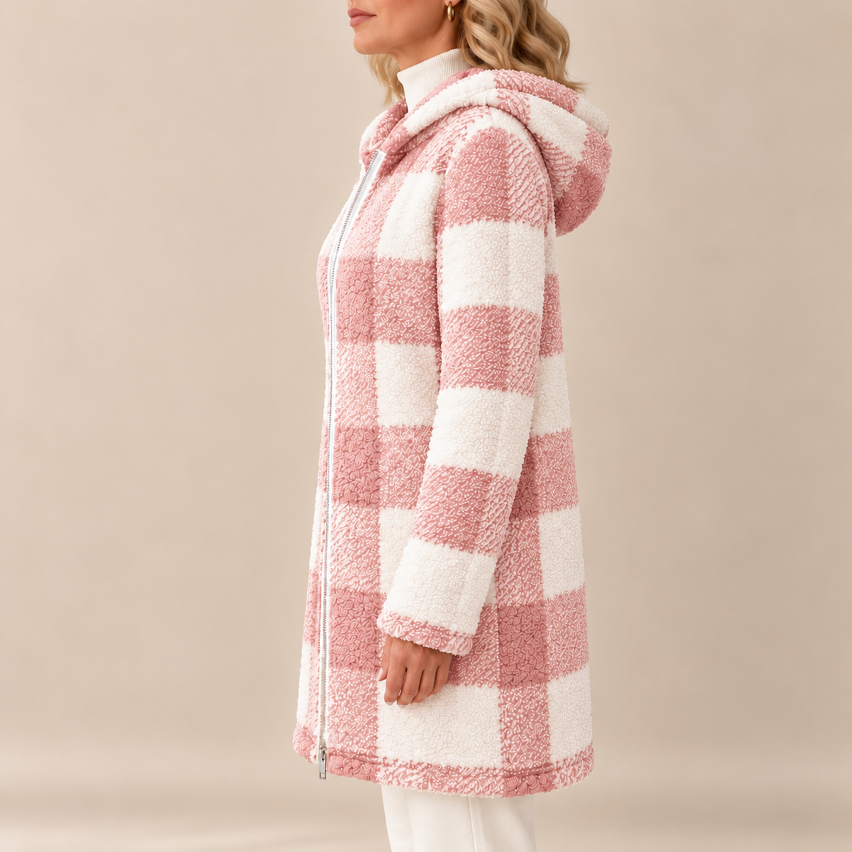 Rosabel | Manteau long à capuchon en teddy à carreaux