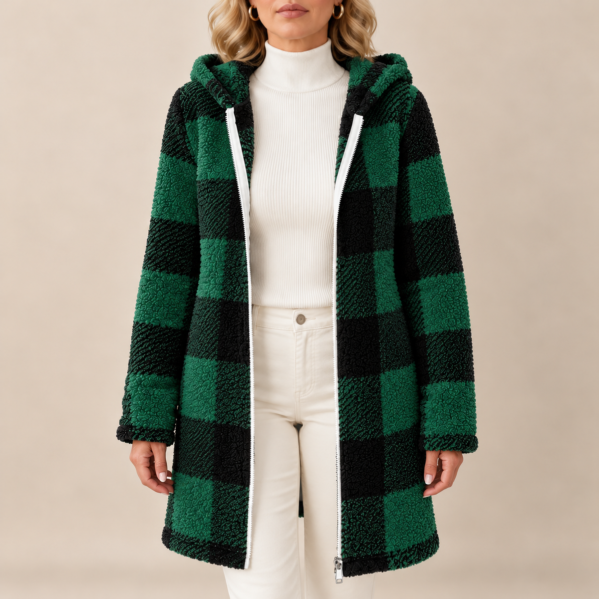 Rosabel | Manteau long à capuchon en teddy à carreaux