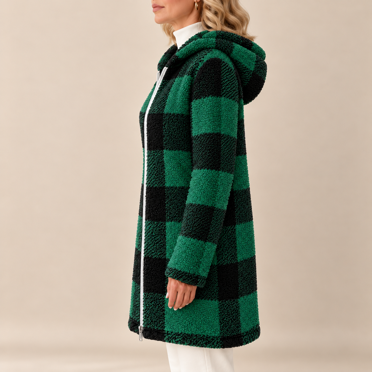 Rosabel | Manteau long à capuchon en teddy à carreaux