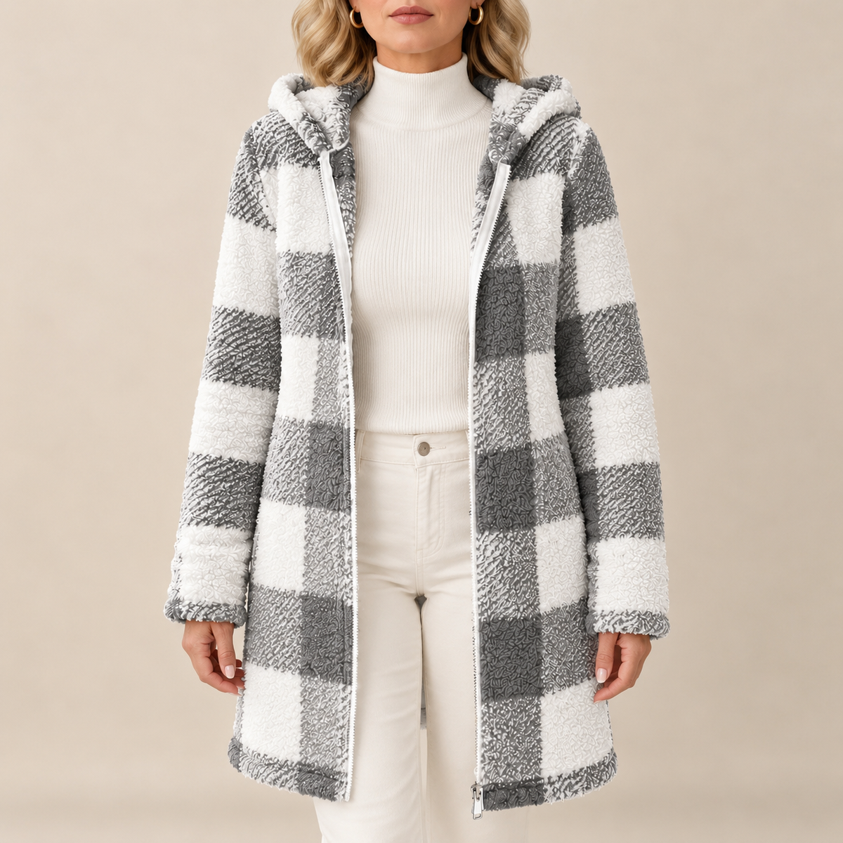 Rosabel | Manteau long à capuchon en teddy à carreaux