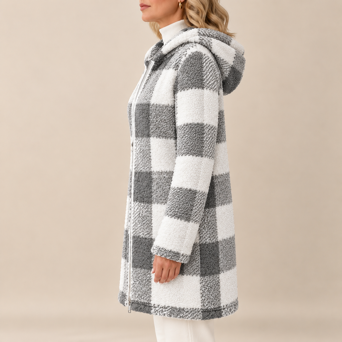 Rosabel | Manteau long à capuchon en teddy à carreaux