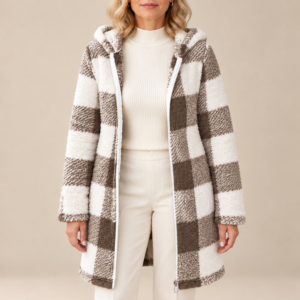 Rosabel | Manteau long à capuchon en teddy à carreaux