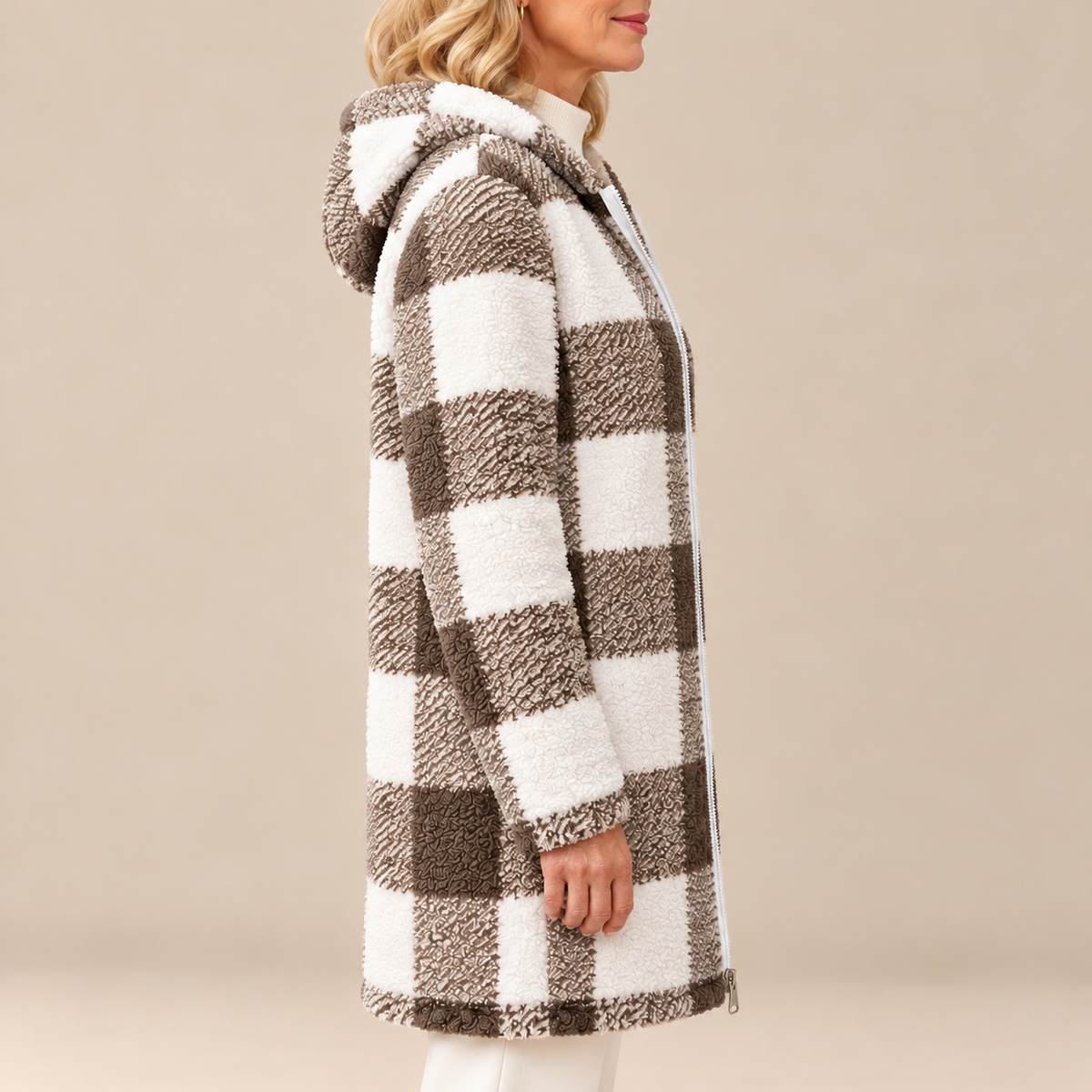 Rosabel | Manteau long à capuchon en teddy à carreaux