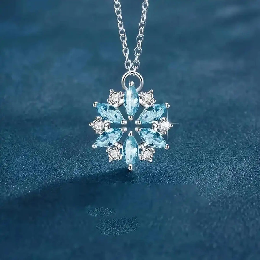 Collier pendentif Flocon de neige fleur bleue or blanc