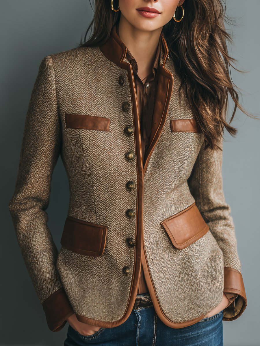 Sophia | Veste vintage en tweed à chevrons avec finitions effet cuir et boutons