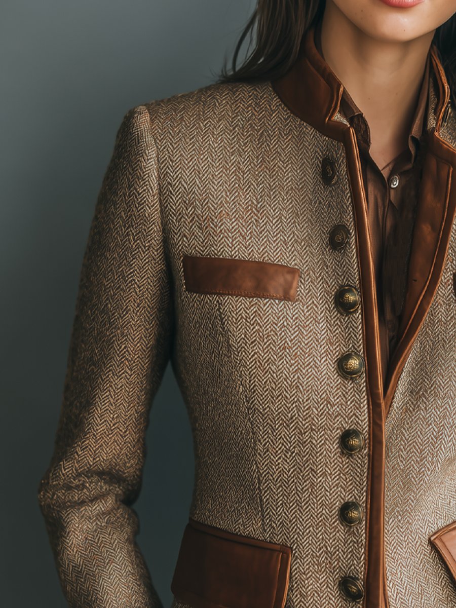 Sophia | Veste vintage en tweed à chevrons avec finitions effet cuir et boutons