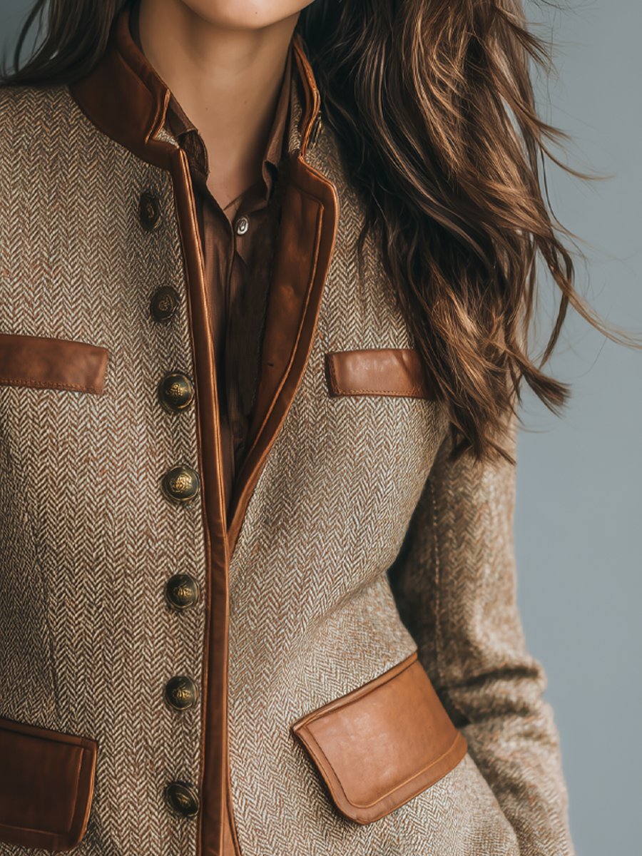 Sophia | Veste vintage en tweed à chevrons avec finitions effet cuir et boutons