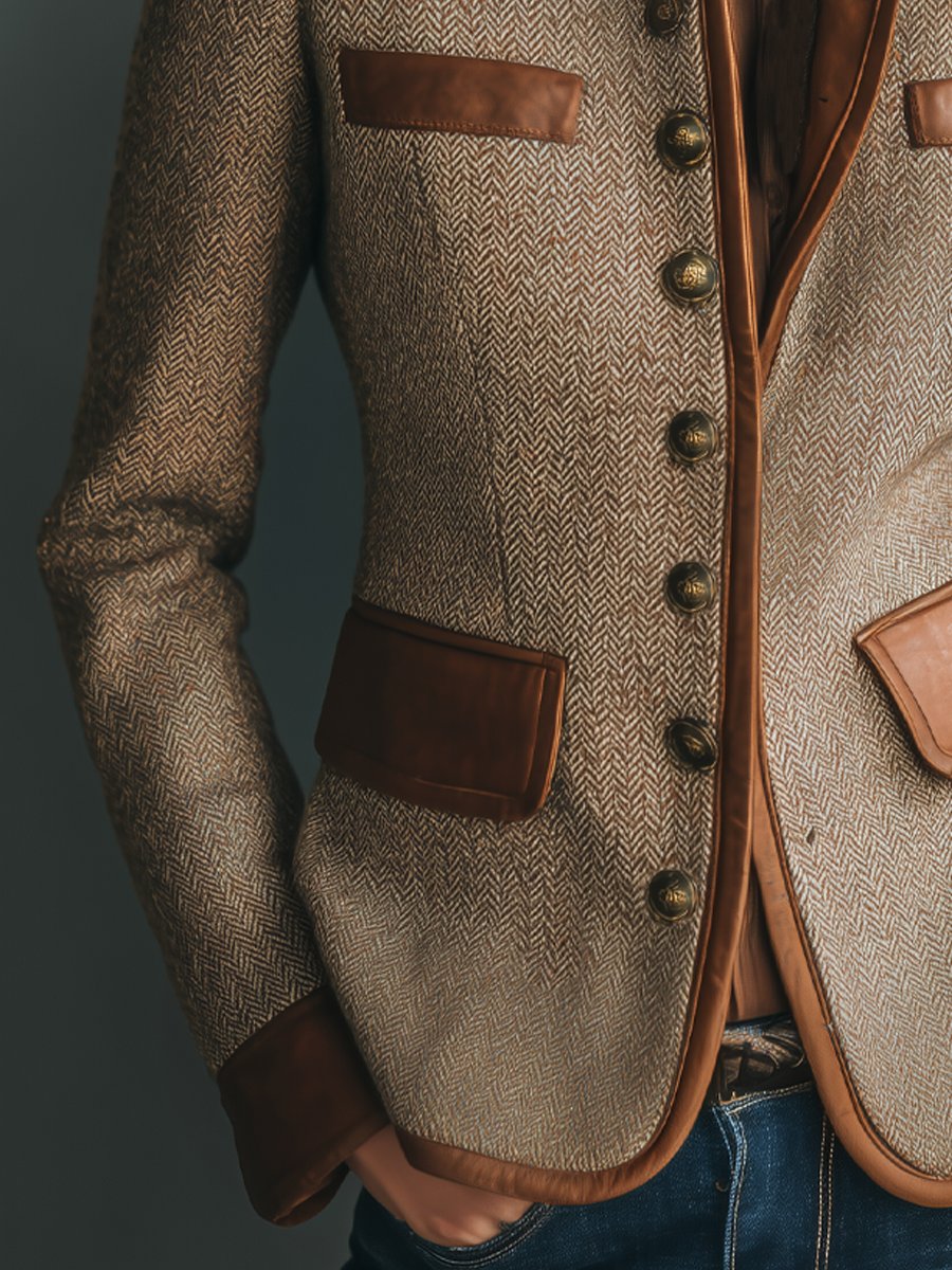 Sophia | Veste vintage en tweed à chevrons avec finitions effet cuir et boutons