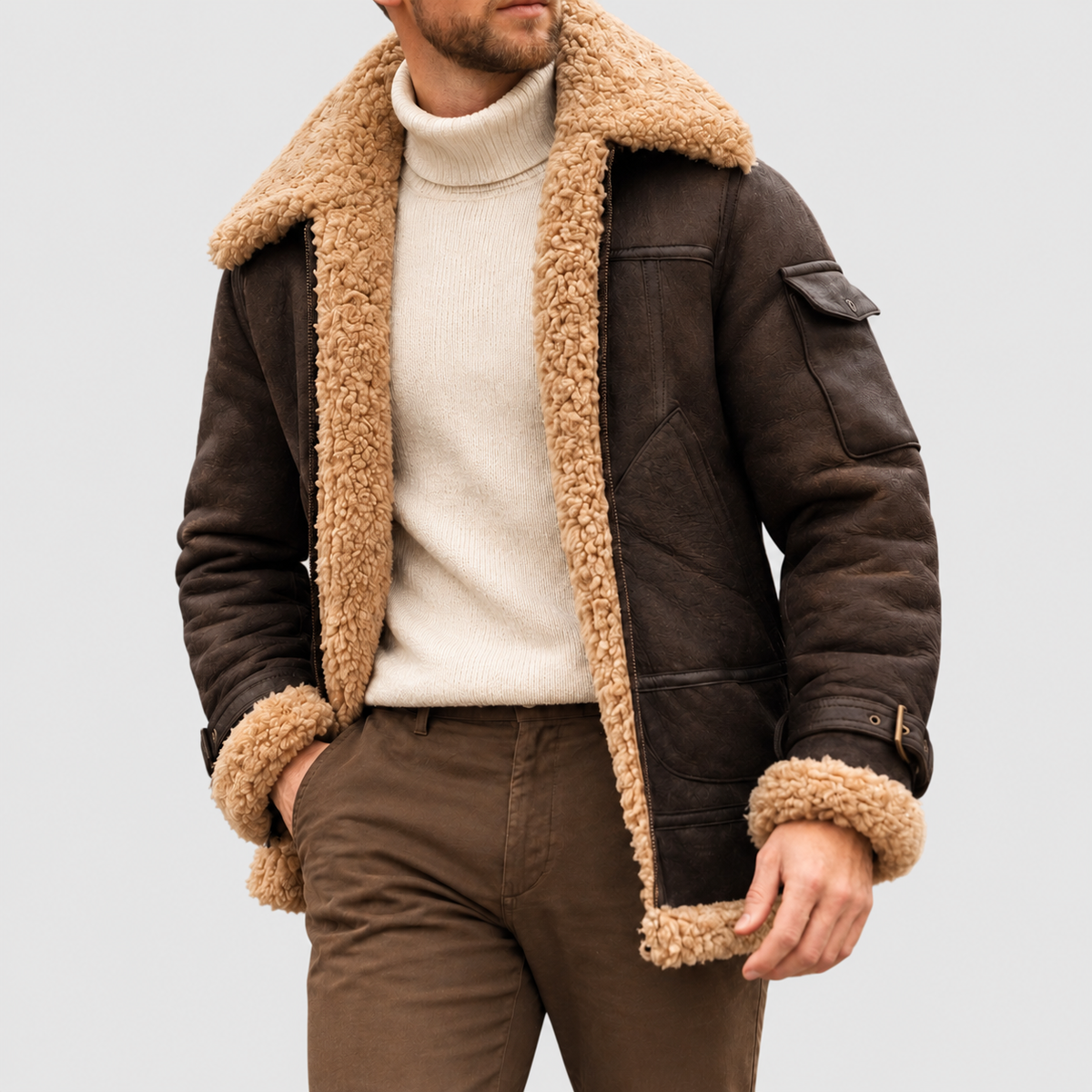 Zeno | Blouson aviateur effet suède avec col en sherpa